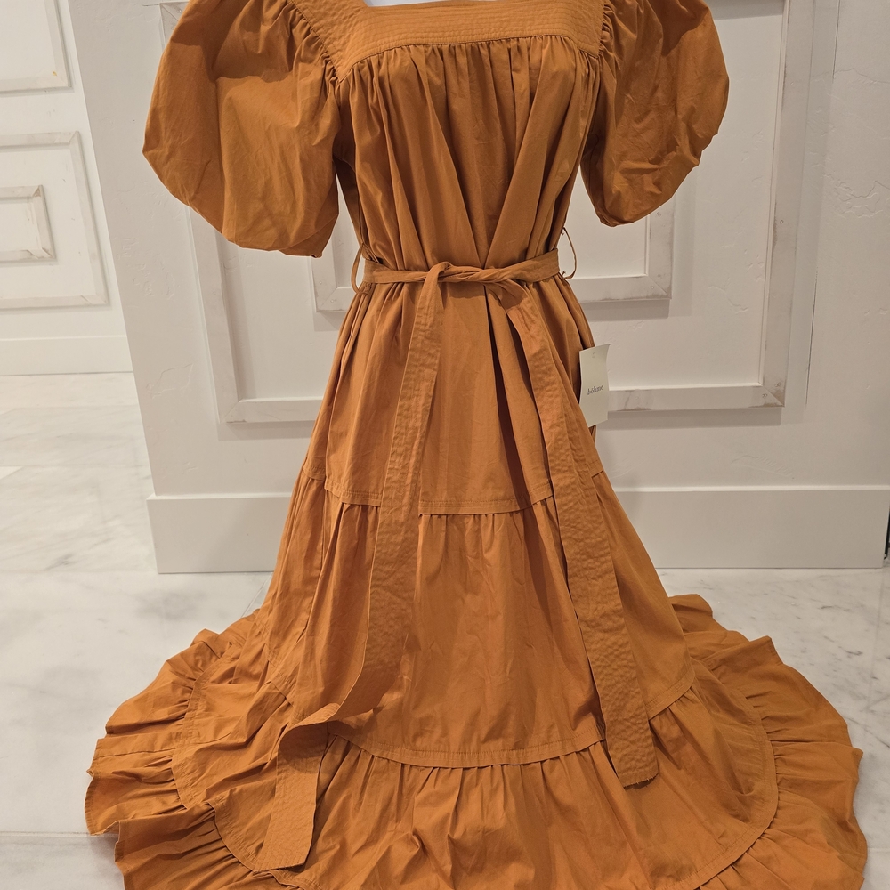 bohme Rust Orange Tiered Puff-Sleeve Cotton Maxi Dress